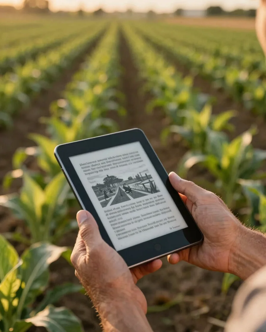 Close-up of a farmer's hands holding a digital tablet displaying