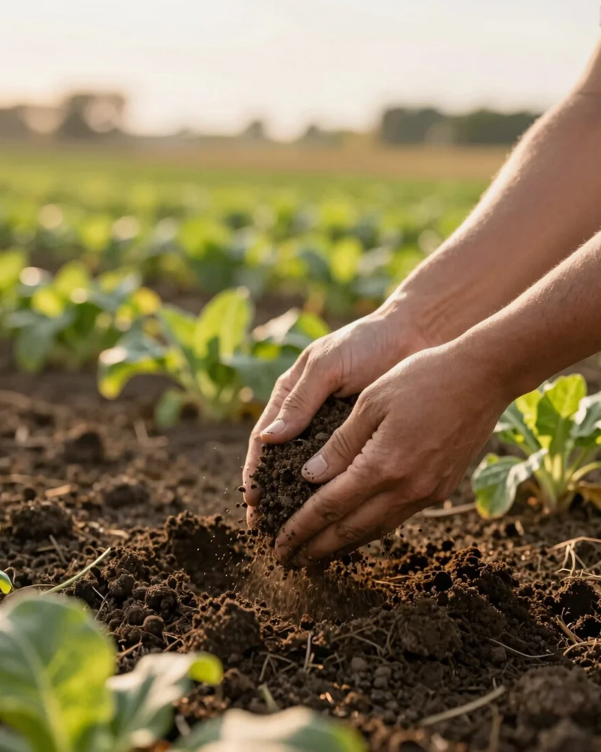 Wide shot of hands sifting rich dark soil, healthy crop foliage in background, golden hour natural daylight, crisp detai